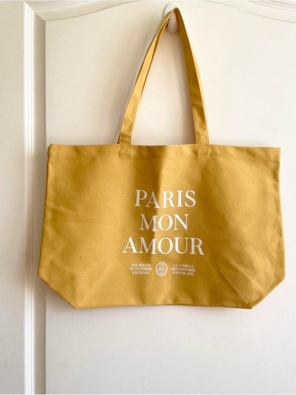 Sezane Yellow Paris Mon Amour Canvas Shoppers Tote Travel